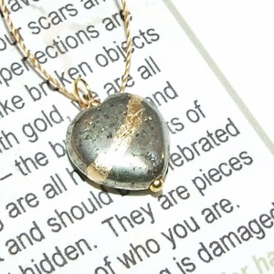 Kintsugi Broken Heart Dainty Pyrite Pendant Mended with Gold, Petite Cord Necklace, Minimalist, Zen, Kintsukuroi, On Inspirational Card image 6