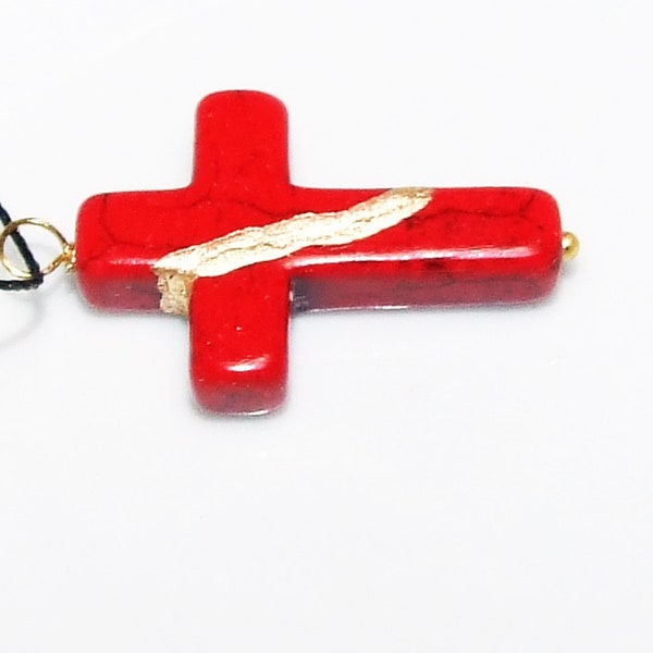 Kintsugi Broken Cross Red Howlite 30mm Pendant Mended with 23k Gold, Cord Necklace, Minimalist, Zen, Kintsukuroi, On Inspirational Card,.925