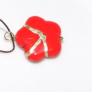 Kintsugi Broken Sakura Flower Red  Howlite Pendant Mended with Gold, Cord Necklace, Minimalist, Kintsukuroi,  On Inspirational Card, .925