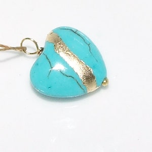 Small 18mm Kintsugi Broken Heart Turquoise Howlite Pendant Mended with Gold, Cord Necklace, Minimalist, Kintsukuroi, Inspirational Card,.925