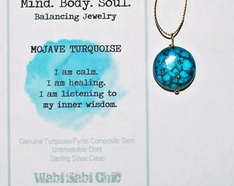 Mojave Turquoise Round Coin Pendant, Mind.Body.Soul. Intentions Cord Necklace, On Affirmation Card, Genuine Turquoise with Pyrite,.925 Clasp