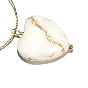 Medium 3/4&quot;  Kintsugi Broken Heart White  Howlite Pendant Mended with Gold, Cord Necklace, Minimalist, Kintsukuroi, Inspirational Card, .925