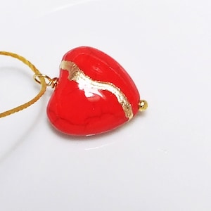Petite Kintsugi Broken Heart Red Howlite Pendant Mended with Gold, Cord Necklace, Minimalist,Zen, Kintsukuroi,  On Inspirational Card,.925