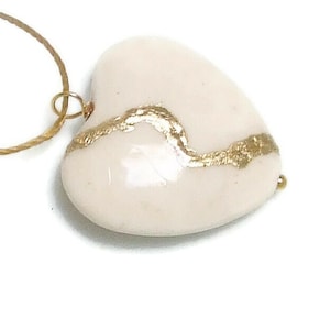 Kintsugi Broken Heart Large White Howlite Pendant Mended with Gold, Cord Necklace, Minimalist, Zen, Kintsukuroi,  On Inspirational Card,.925