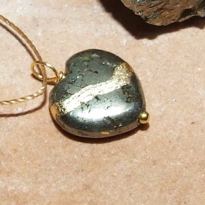 Kintsugi Broken Heart Dainty Pyrite Pendant Mended with Gold, Petite Cord Necklace, Minimalist, Zen, Kintsukuroi, On Inspirational Card image 5