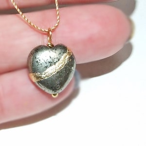 Kintsugi Broken Heart Dainty Pyrite Pendant Mended with Gold, Petite Cord Necklace, Minimalist, Zen, Kintsukuroi, On Inspirational Card image 3