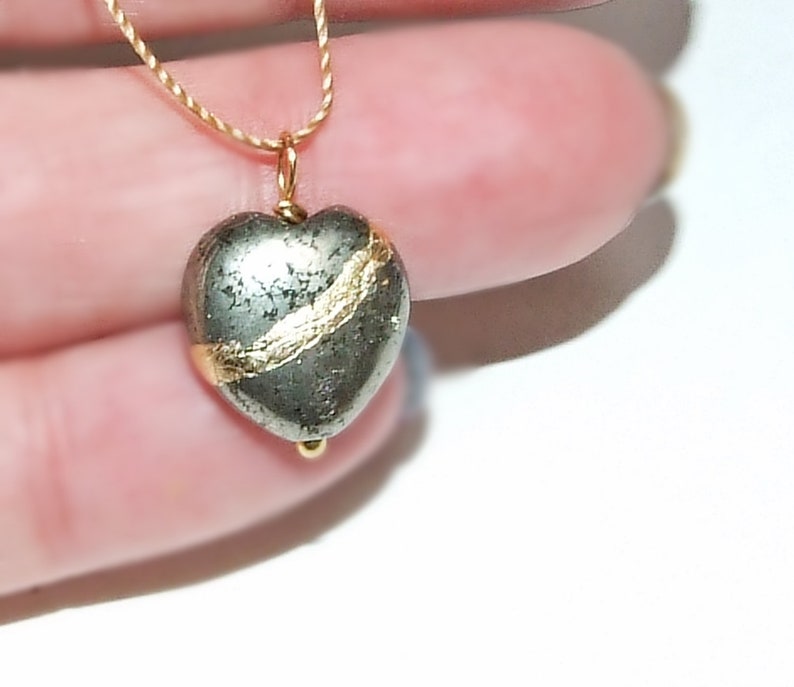 Kintsugi Broken Heart Dainty Pyrite Pendant Mended with Gold, Petite Cord Necklace, Minimalist, Zen, Kintsukuroi, On Inspirational Card image 3