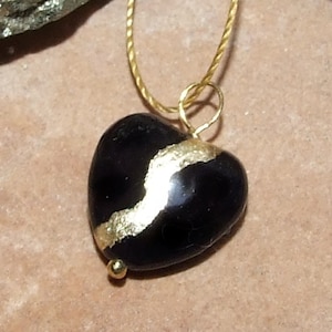 Petite Kintsugi Broken Heart Black Howlite Pendant Mended with Gold, Cord Necklace, Minimalist,Zen, Kintsukuroi,  On Inspirational Card,.925