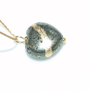 Kintsugi Broken Heart Dainty Pyrite Pendant Mended with Gold, Petite Cord Necklace, Minimalist, Zen, Kintsukuroi, On Inspirational Card image 2