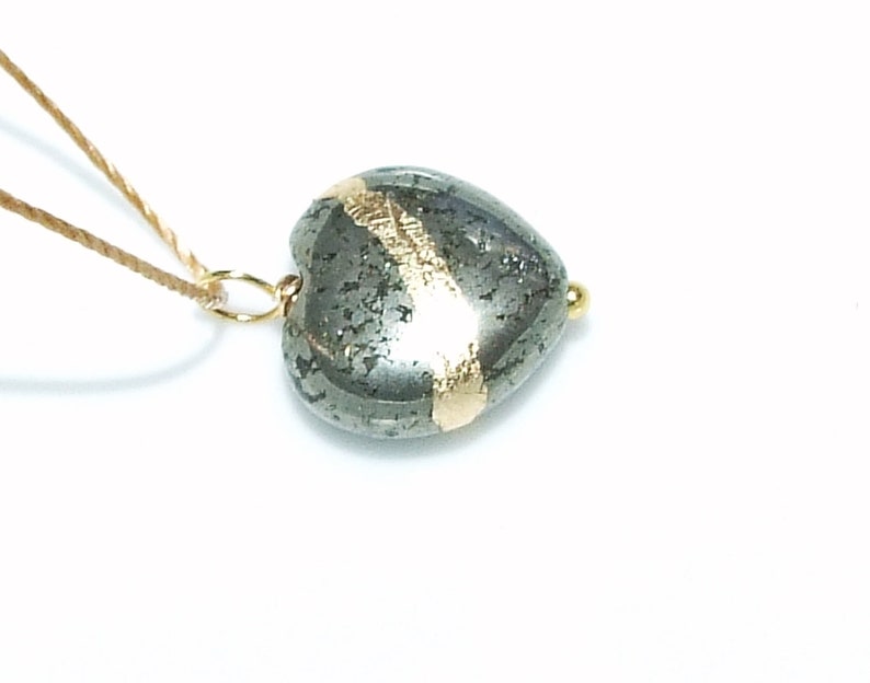 Kintsugi Broken Heart Dainty Pyrite Pendant Mended with Gold, Petite Cord Necklace, Minimalist, Zen, Kintsukuroi, On Inspirational Card image 2