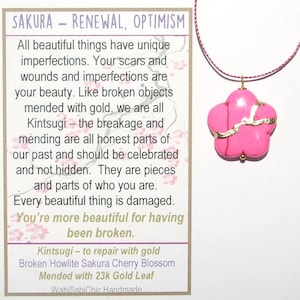 Kintsugi Broken Sakura Flower Pink  Howlite Pendant Mended with Gold, Cord Necklace, Minimalist, Kintsukuroi,  On Inspirational Card, .925