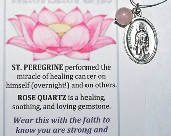 St. Peregrine Medal and Rose Quartz Round Smooth Bead Minimalist Cord Necklace, Blessed in Santa Fe, Patron Saint of Cancer Healing, on Card