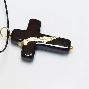 Kintsugi Broken Cross Black Howlite 1&quot; Pendant Mended with 23k Gold, Cord Necklace, Minimalist, Kintsukuroi, On Inspirational Card,.925