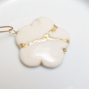 Kintsugi Broken Sakura Large Flower White  Howlite Pendant Mended with Gold, Cord Necklace,Minimalist, Kintsukuroi, Inspirational Card, .925