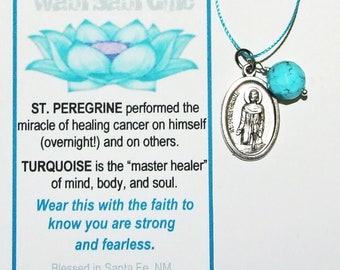 St. Peregrine Saint Medal with Turquoise Faceted Round Bead Minimalist Cord Necklace, Blessed in Santa Fe, Patron Saint of Cancer Healing