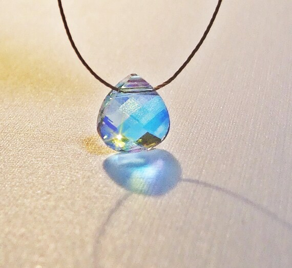 Swarovski AB Crystal Flat Pear Teardrop Pendant, Minimalist Necklace on  Unbreakable Cord, Sterling Clasp, Aurora Borealis, Faceted 11x10mm