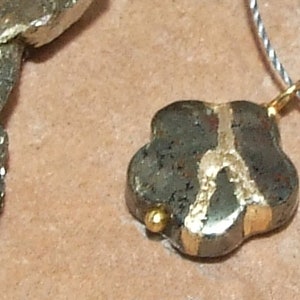 Kintsugi Broken Sakura Flower Pyrite Pendant Mended with Gold, Cord Necklace, Minimalist, Kintsukuroi,  On Inspirational Card, .925
