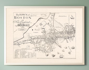 1722 - Vintage Map, &quot;The Town of Boston in New England&quot;