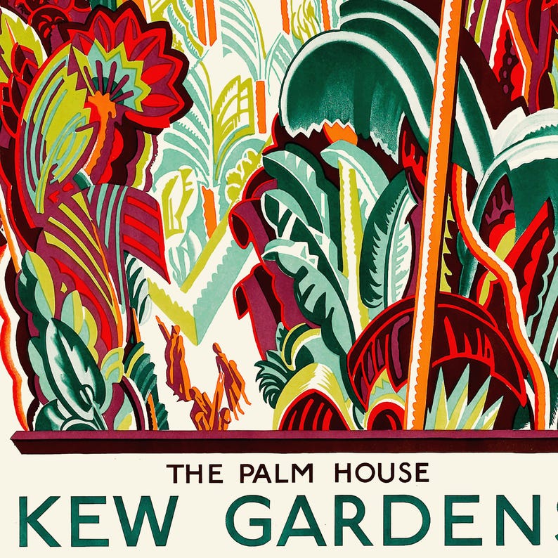 Puede incluir: Un cartel vintage que anuncia los Jardines de Kew en Londres, con una ilustraci&oacute;n colorida de plantas tropicales y el texto "The Palm House Kew Gardens".