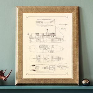May include: A vintage black and white line drawing of a ship's blueprint. The drawing shows the ship's profile, deck plan, and interior layout. The text on the drawing reads "No. 121 S.S. Passagierdampfer" and includes details about the ship's dimensions and specifications.