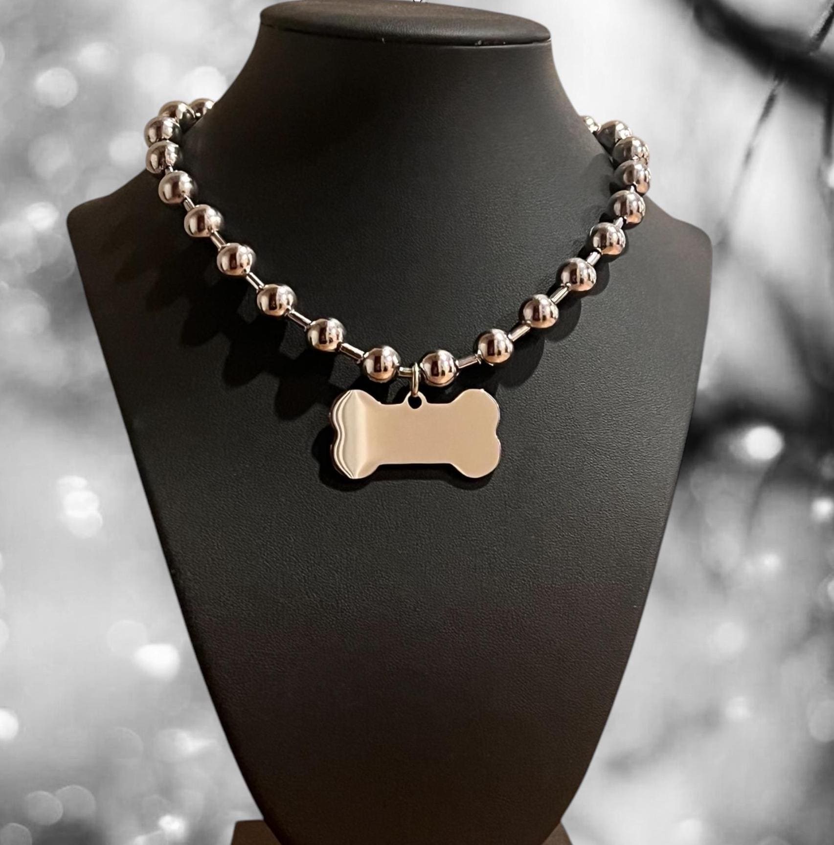 Dog Bone Necklace - 10mm Ball Bead Dog Bone Choker - Stainless