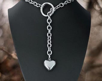 Slip Chain - Heart Slip Choker Necklace - Stainless Steel Chain Lariat - Gothic Chain Choker - Goth Alt Grunge Punk Elder Emo Gift