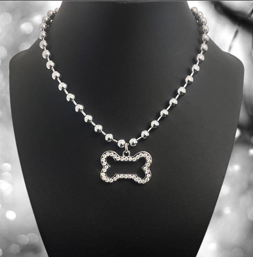 Dog Bone Necklace - 6mm Ball Bead Choker Necklace - Stainless