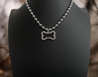 Strass hond bot ketting - strass hond bot hanger choker - dog tag ketting - bone ketting - dog tag choker - hondenliefhebber ketting