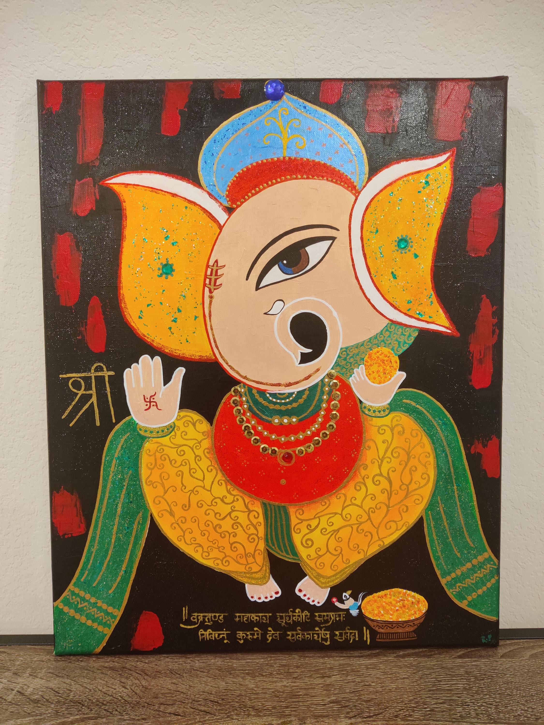 ガネーシャ　油画 現代ガネーシャ絵画: インド抽象芸術、玄関装飾/ ガジャナン/象神