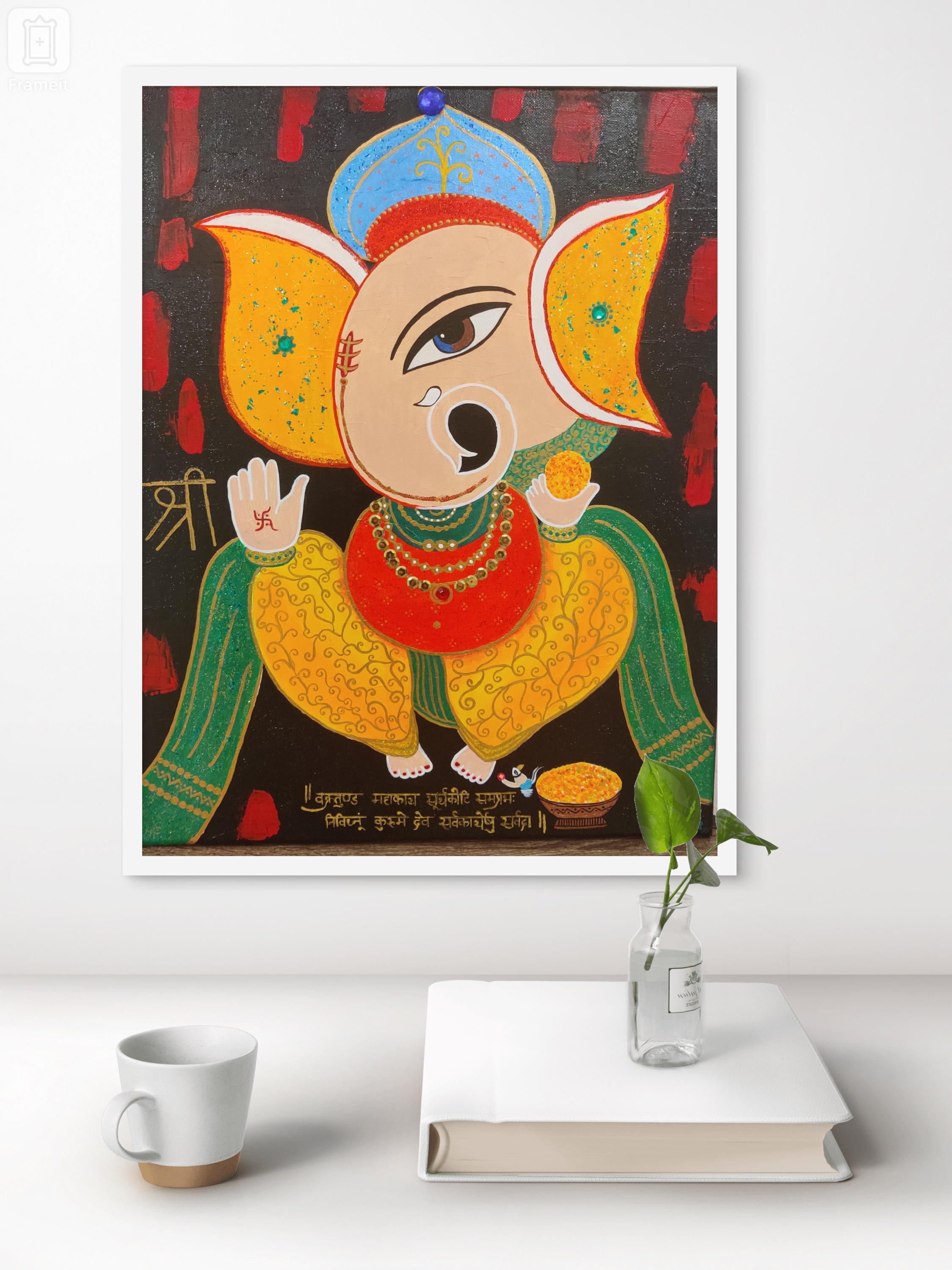 現代ガネーシャ絵画: インド抽象芸術、玄関装飾/ ガジャナン/象神