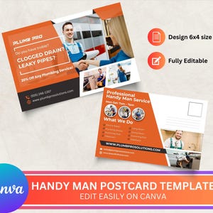 Handyman Postkarte, Handyman Vorlage bearbeitbar, DIY Canva Postkarte Vorlage, Klempner Postkarte, Canva Vorlagen, Postkartendesign