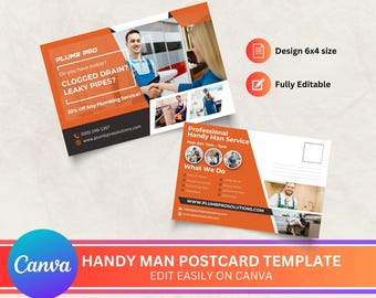 Handyman Postcard, Handyman Template Editable, DIY Canva Postcard Template, Plumber Postcard, Canva Templates, Postcard design