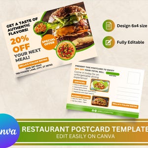 Op de afbeelding: Een restaurant postkaart sjabloon met een afbeelding van een hamburger en pasta, met 20% korting. De ansichtkaart bevat de tekst "Get a taste of authentic flavors!" en de details van "Bella's Italian Bistro". Het ontwerp is 15,24 x 10,16 cm en volledig bewerkbaar.
