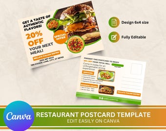 Restaurant Postkarte, Restaurant Vorlage bearbeitbar, DIY Canva Postkarte Vorlage, Restaurant Postkarte, Canva Vorlagen, Postkartendesign