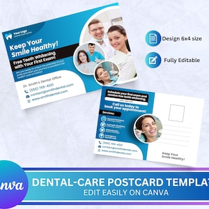 Postal de atención dental, Plantilla de atención dental editable, Plantilla de postal de Canva para hacer tú mismo, Postal de atención médica, Plantillas de Canva, Diseño de postal