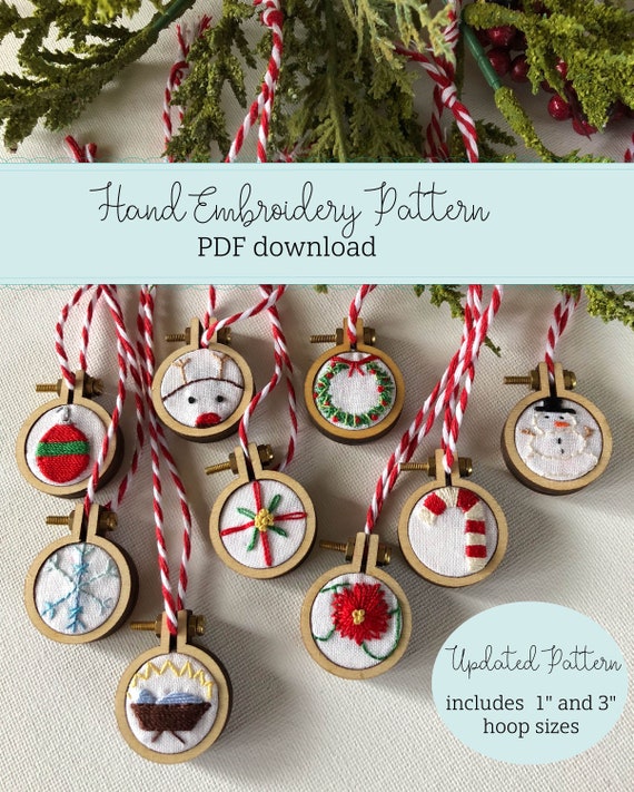 mini christmas ornaments - hand embroidery PATTERN - PDF downloadable  pattern - UPDATED sizes - 1 inch mini hoops or 3 inch - ornament by  daisyeyes handmade