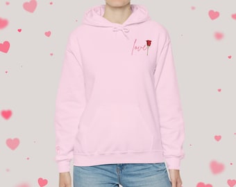 Love Rose Custom Hooded Sweatshirt, Valentine's Day Hoodie, Floral Love Hoodie, Couple's Hoodie, Romantic Hoodie, Rose graphic Hoodie