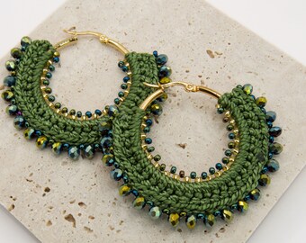 Betulia Woven Beaded Hoop Ethnic Boho Statement Earring Red Green Pearl White