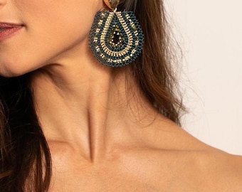 Leticia Waterdrop Beaded Hoop Ethnic Boho Statement Earring Handmade Green w/ Gold Accents