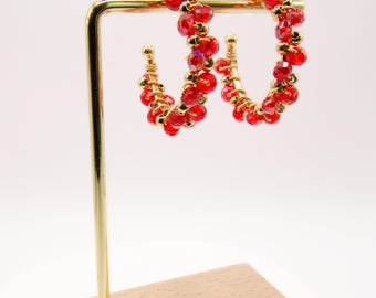 Caleña Beaded Murano Gold Plated Hoop Earring Handmade 1.3" Green, Red, White, Iridescent, Blue