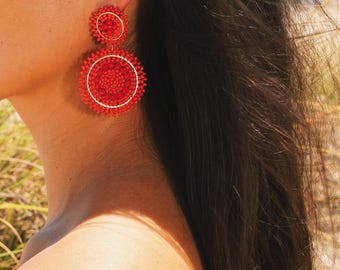 Belen Two Tier Round Beaded Ethnic Boho Statement Earring Handmade Red, Black, Pearl