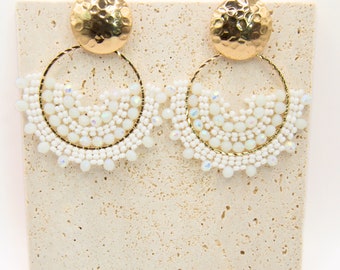 Cartagena Beaded Hoop Ethnic Boho Statement Earring Red White Black w/ Gold Accents