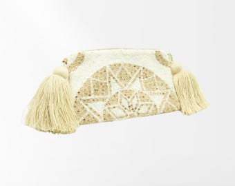 Cross Body Bag Beige, Handmade Shoulder Bag, Crystals Ethnic Unique