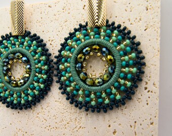 Alejandria Woven Beaded Hoop Ethnic Boho Statement Earring Black Green w/ Gold Accents