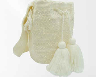 Magdalena Handmade Wayuu Mochila Boho Crystal White Tan Neutral Shoulder Bag