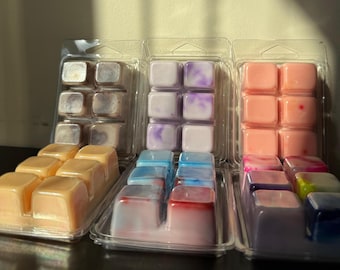 May include: Six packs of wax melts in clear plastic containers. The wax melts are in various colors, including purple, pink, blue, and cream.