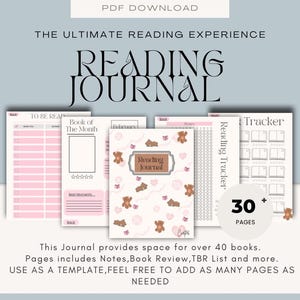 May include: A reading journal with a light blue background. The journal includes pages for notes, book reviews, and a TBR list. The cover features teddy bears and hearts. The text on the cover says "Reading Journal". The journal has over 30 pages.