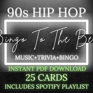 Bingo de hip hop de los 90 al ritmo de la música: 25 cartas + lista de reproducción de Spotify