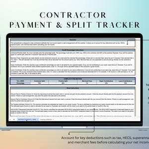 Puede incluir: Una pantalla de portátil muestra una hoja de cálculo "CONTRACTOR PAYMENT & SPLIT TRACKER". El software ayuda a los contratistas a estimar los ingresos netos basados en acuerdos de reparto, teniendo en cuenta las deducciones como impuestos y comisiones. Se ven iconos de Google Sheets y Microsoft Excel.