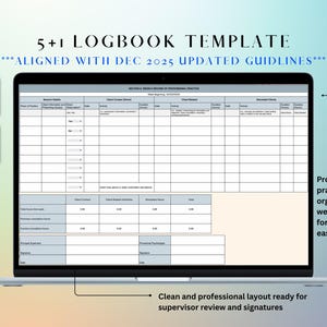 Könnte beinhalten: Ein Laptop-Bildschirm zeigt eine professionelle Praxisprotokollvorlage, "5+1 LOGBOOK TEMPLATE", ausgerichtet auf die Richtlinien von Dez. 2025. Das Protokoll ist wöchentlich für eine einfache Nachverfolgung organisiert, mit einem übersichtlichen Layout für die Überprüfung durch den Vorgesetzten. Google Sheets und Microsoft Excel Icons.